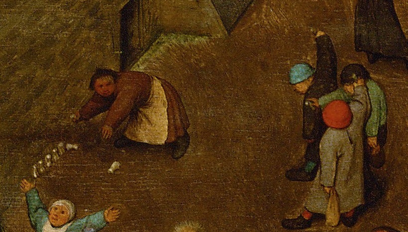 Kuva 1. Lapset pelaamassa babkan tyyppistä peliä. Yksityiskohta Pieter Bruegelin maalauksesta Kinderspiele.