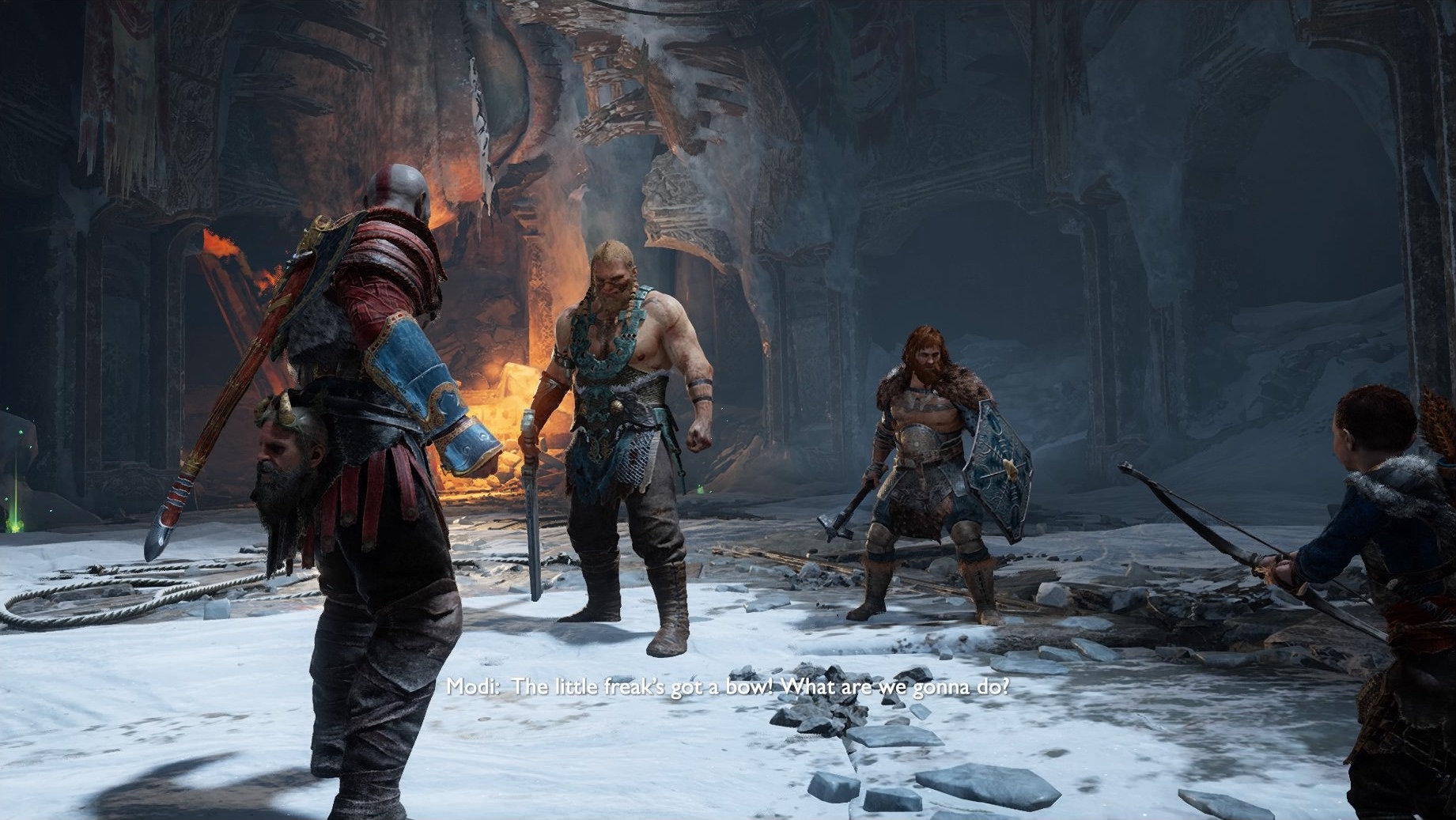 Kuva 2. Kratos, Atreus ja Mimir kohtaavat ukkosenjumala Thorin pojat, Magnin ja Modin.