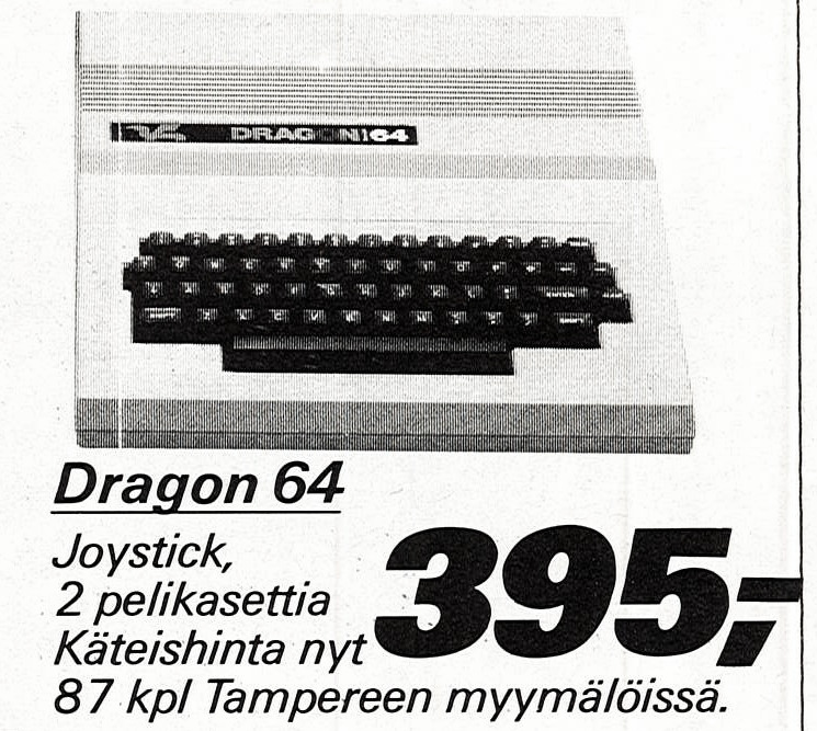 Kuva 1. Hirvoxin poistomyynnissä 1986 viimeiset Dragon 64:t myytiin polkuhintaan (Printti 6/1986). Vielä edellisen vuoden alussa koneen hinnaksi ilmoitettiin 3 195 markkaa (Printti 2/1985).