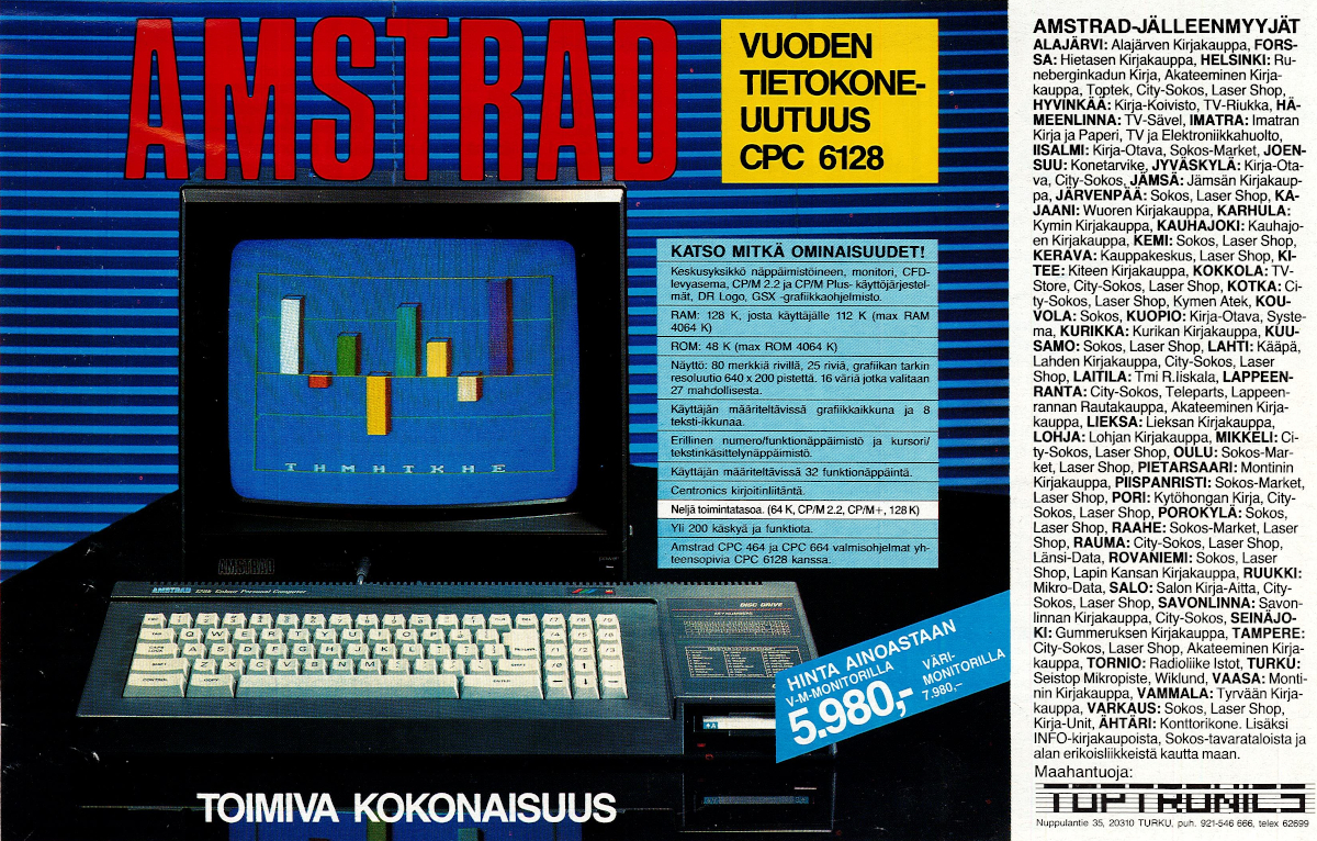 Kuva 2. Toptronicsin Amstrad CPC 6128 -mainos (Printti 16/1985). CPC-sarjan koneet myytiin kokonaisuutena näytön kanssa, mikä nosti hankintahinnan korkeaksi.