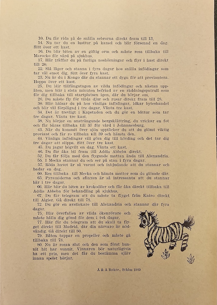 Kuva 6. Afrikaresan eli Afrika runt -pelin sääntöjen toinen sivu. Mors Julbrev 1949.